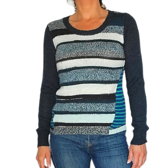 Prana Wool Mix Sweater Blue Striped Long Sleeve Color Block Medium - Picture 1 of 4